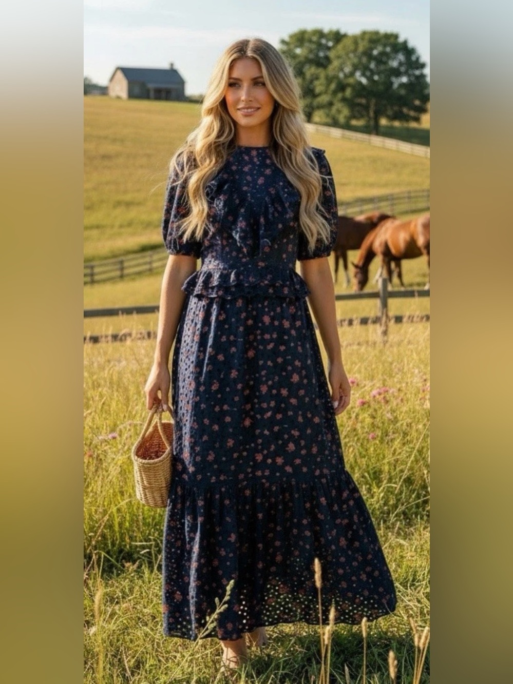 Urban Outfitters Navy Floral Eyelet Maxi Dress XS S 0 2 4 Romantic Bohemian Twee